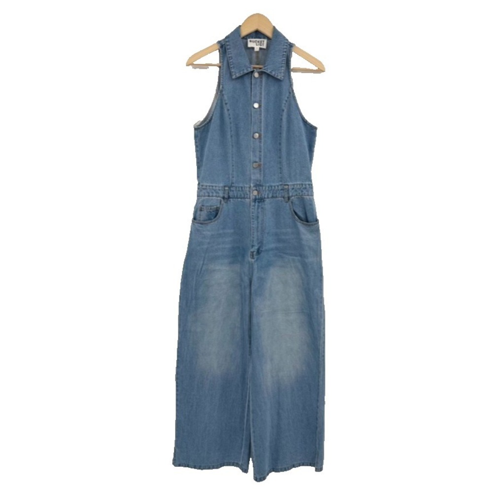 Bucket List Denim Jumpsuit Wide Leg Button Front Sleeveless Blue Jean Romper